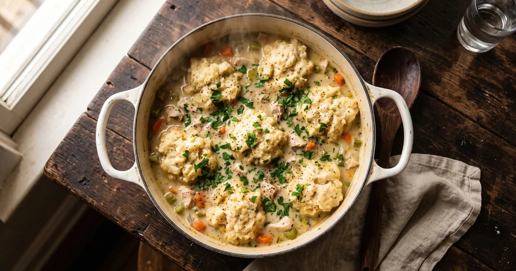 Overhead view of creamy chicken and dumplings in a white Dutch oven with fluffy drop dumplings and fresh parsley