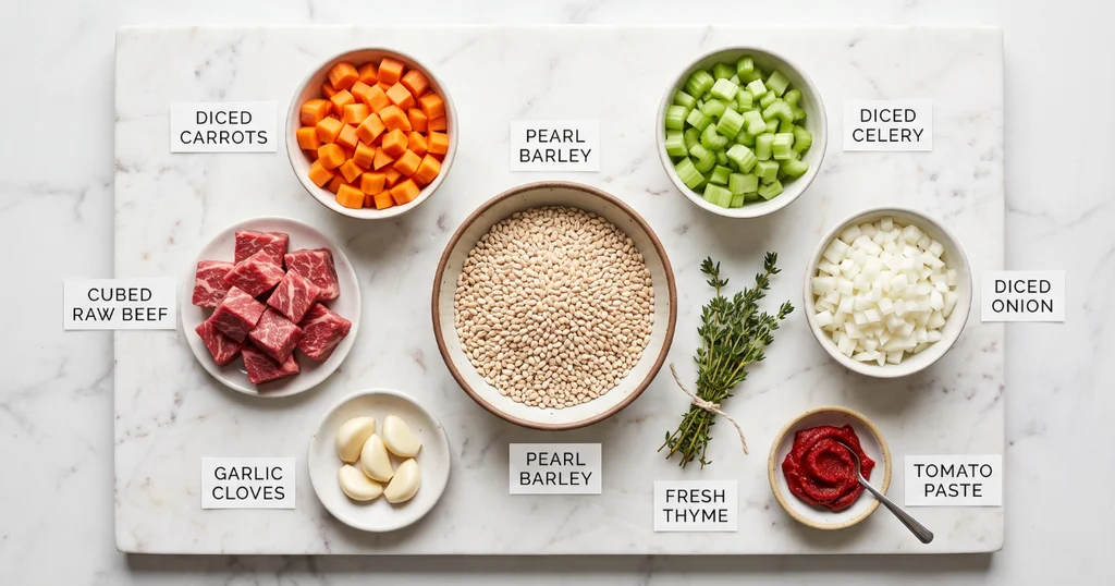 Overhead view of fresh ingredients for beef barley soup including pearl barley, beef chuck, carrots, celery, onion, garlic, and thyme