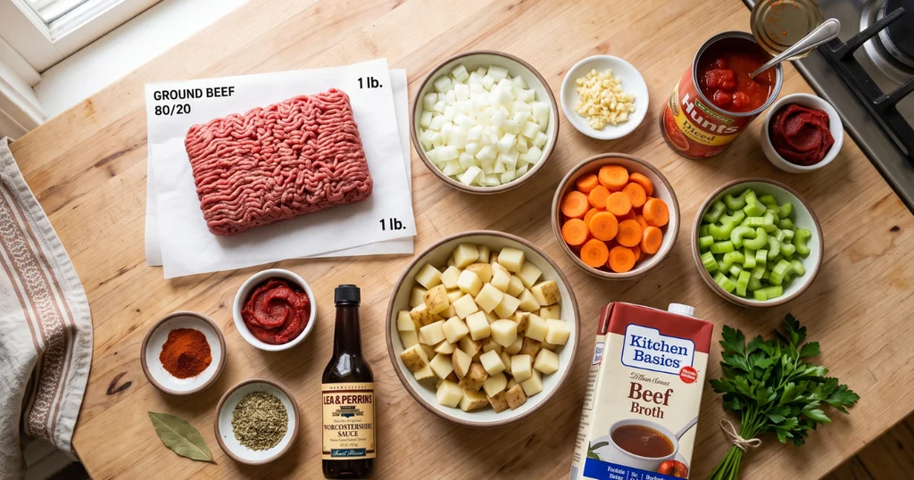 Overhead view of ingredients for ground beef soup, including beef, potatoes, carrots, celery, tomatoes, broth and spices