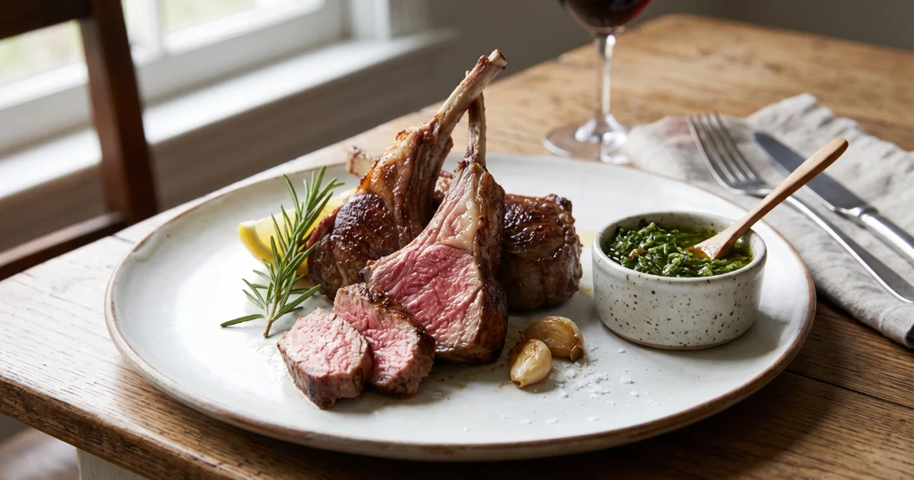 Pan-seared lamb chops plated with rosemary, lemon wedge, and mint salsa verde showing a pink medium-rare center