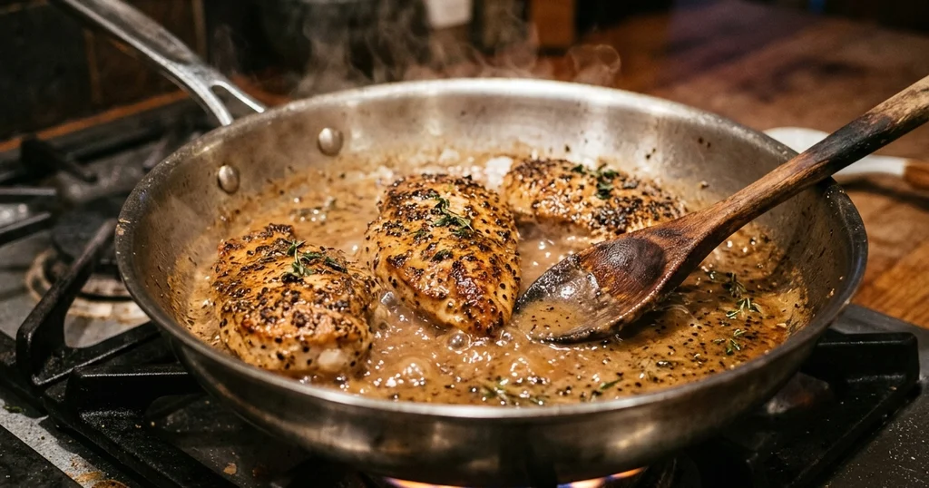 Pepper-crusted chicken simmering in creamy cognac sauce in a skillet for chicken au poivre