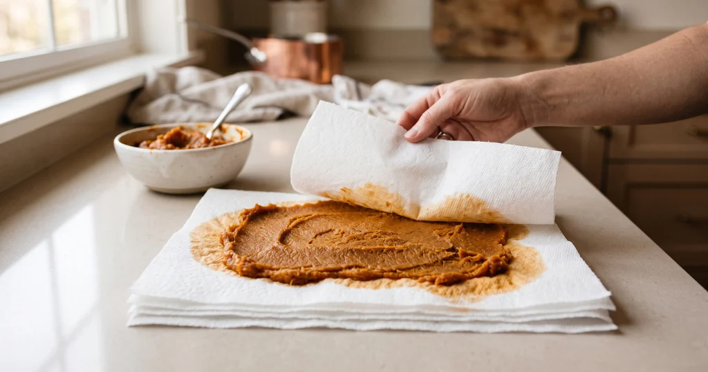 Pumpkin puree being blotted with paper towels to remove excess moisture for pumpkin cookies