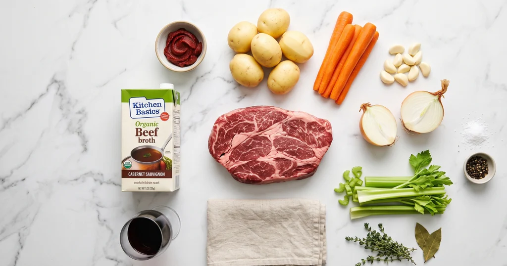 Raw ingredients for beef stew laid out on a marble surface including chuck roast, vegetables, tomato paste, red wine, and beef broth