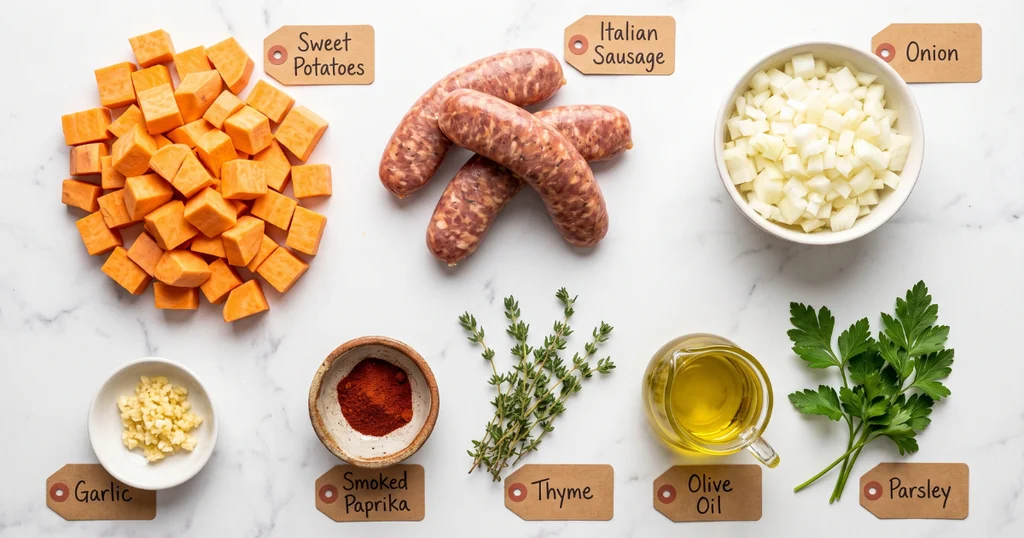 Raw ingredients for sweet potato and sausage dishes including cubed sweet potatoes, Italian sausage, garlic, onion, and spices on a marble surface