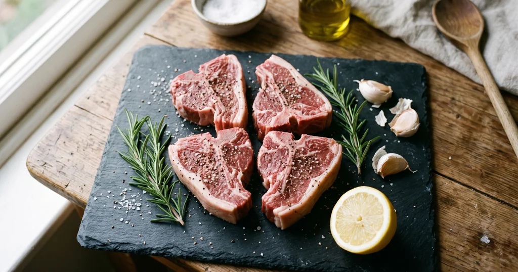Raw lamb chops seasoned with salt, pepper, rosemary, and garlic on a dark slate board