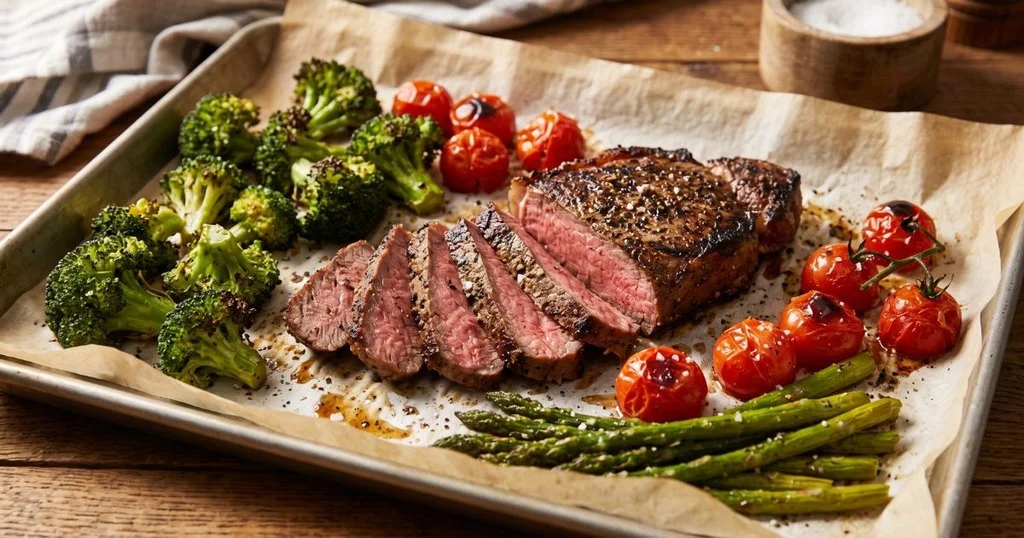 Sheet pan steak dinner with roasted broccoli, cherry tomatoes, and asparagus