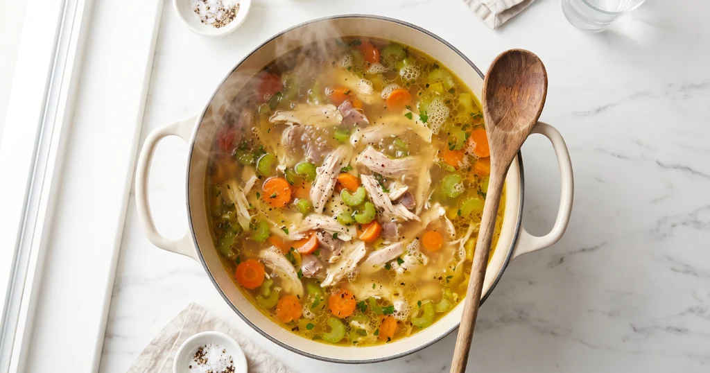 Shredded chicken and vegetables simmering in golden broth in a Dutch oven for homemade chicken noodle soup