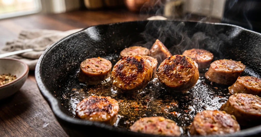Sliced Italian sausage rounds browning in a cast iron skillet with rendered fat and golden crust for sweet potato and sausage dishes
