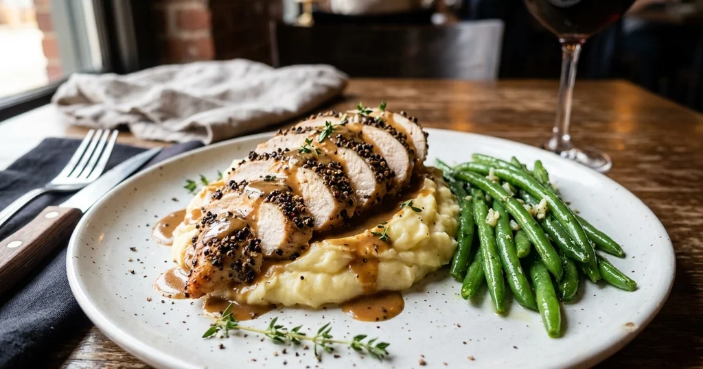 Sliced chicken au poivre with mashed potatoes and green beans on a plate with creamy pepper sauce