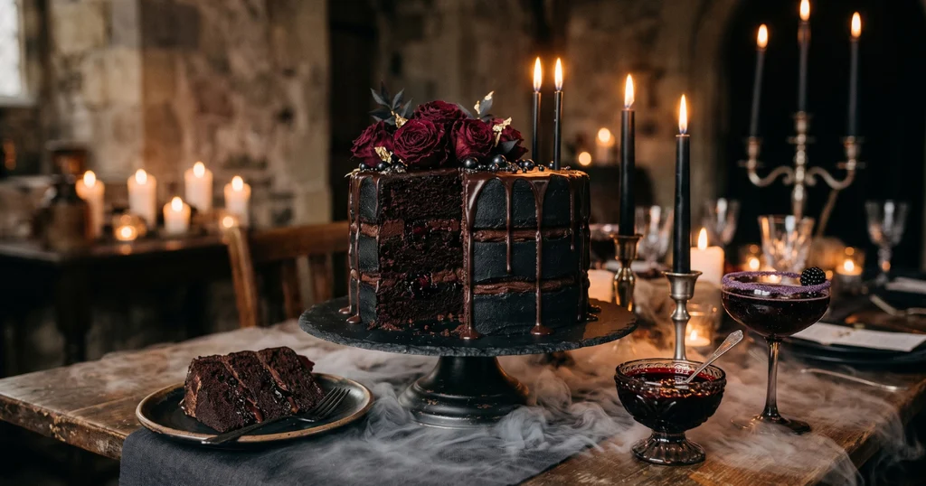 Sliced gothic birthday cake on a dark plate showing rich dark chocolate layers, styled with black candles and blackberry coulis for a dramatic birthday table