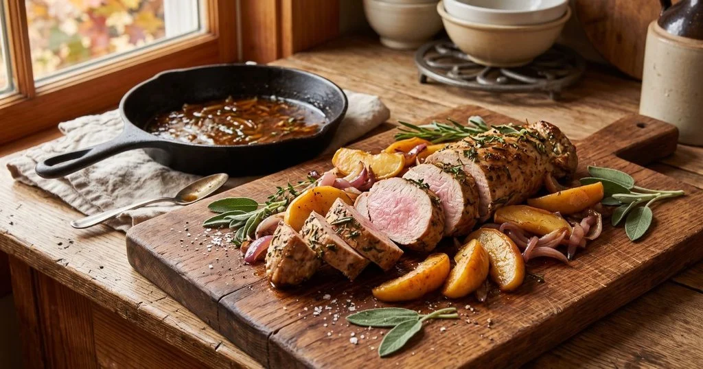 Sliced pork tenderloin with caramelized apples and sage on a wooden cutting board
