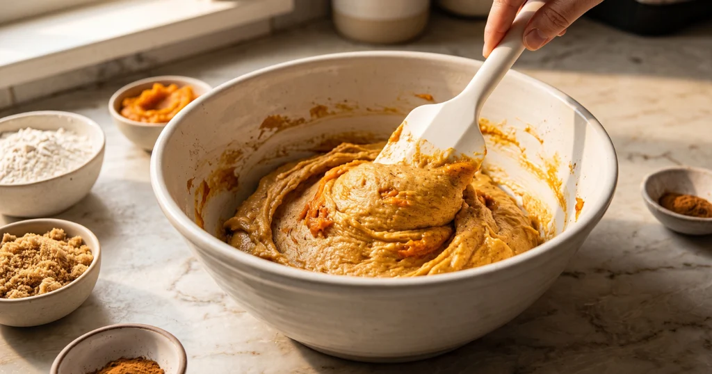 Soft pumpkin cookie dough being gently folded with a spatula