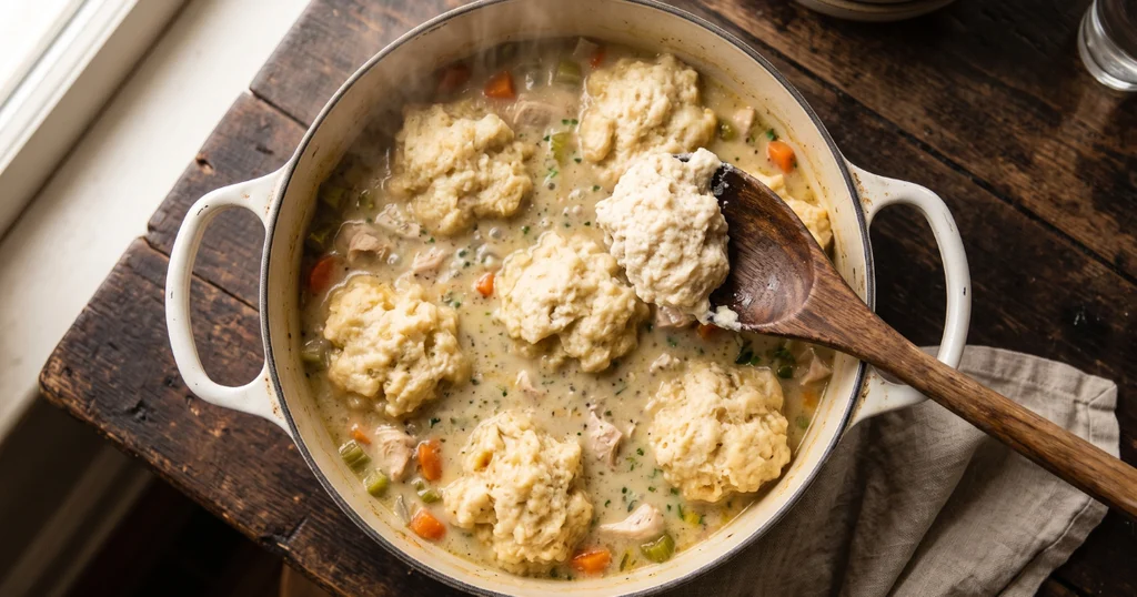 Spoonfuls of dumpling batter dropped onto simmering chicken broth in a pot before steaming