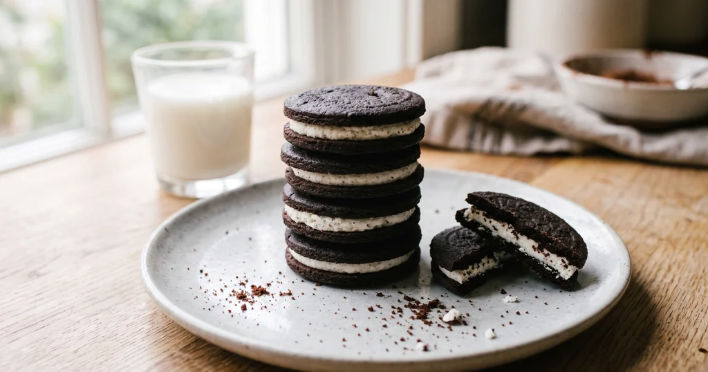 Stack of homemade Oreo cookies with white cream filling on a grey plate, one broken in half to show the inside, with a glass of milk in the background