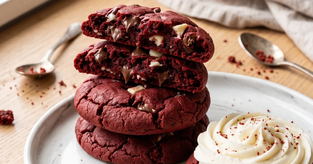 Stack of red velvet cookies with one broken open to show soft chewy interior and chocolate chips, with cream cheese frosting piped on a cookie beside 