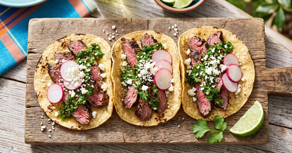 Steak tacos with chimichurri sauce, sliced radishes, and cotija cheese on corn tortillas