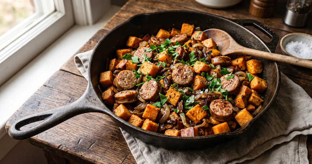 Sweet potato and sausage skillet dish with caramelized onions and fresh parsley in a cast iron pan