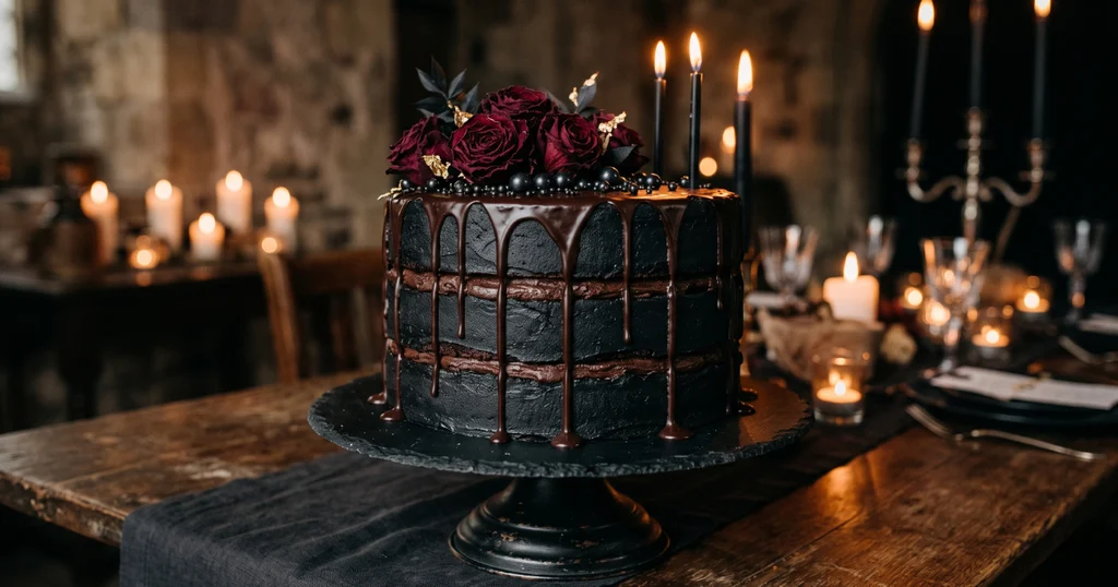 Three-layer gothic birthday cake with black ermine buttercream and dark chocolate ganache drip decorated with dried roses and black sugar pearls