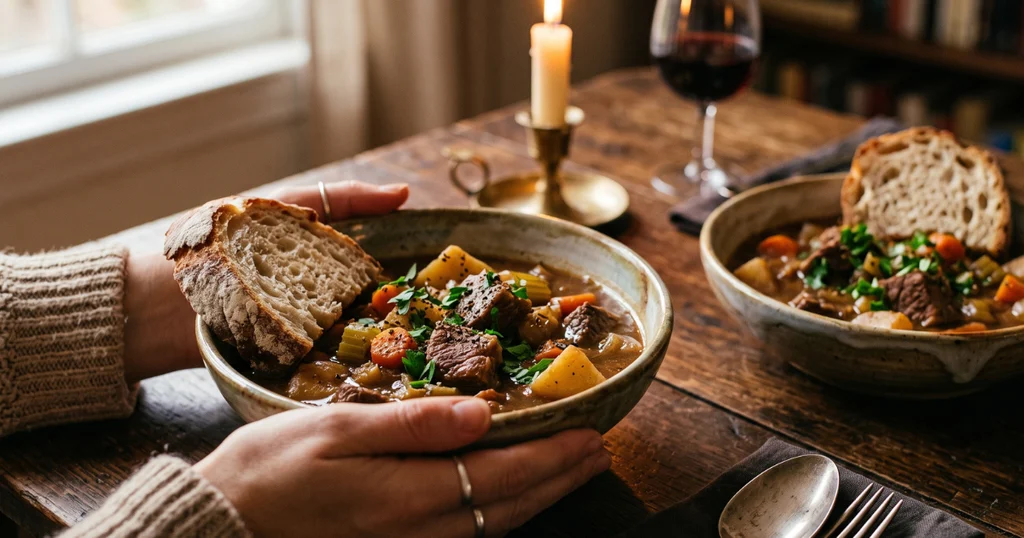 Two bowls of beef stew garnished with fresh parsley served alongside crusty sourdough bread on a cozy dinner table