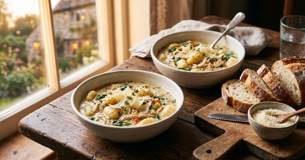 Two bowls of chicken gnocchi soup served with crusty sourdough bread and fresh thyme on a wooden table