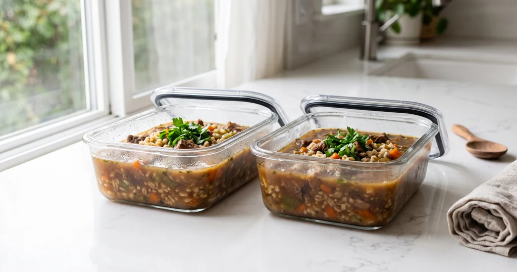 Two glass containers filled with portioned beef barley soup for meal prep and freezer storage