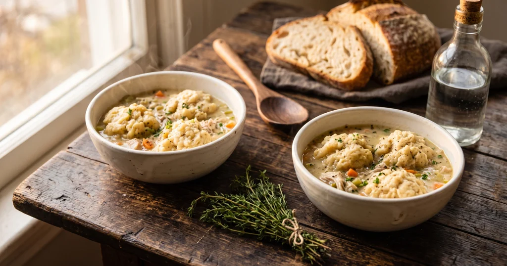 Two white bowls of chicken and dumplings with fluffy dumplings, shredded chicken, and creamy broth served on a wooden table