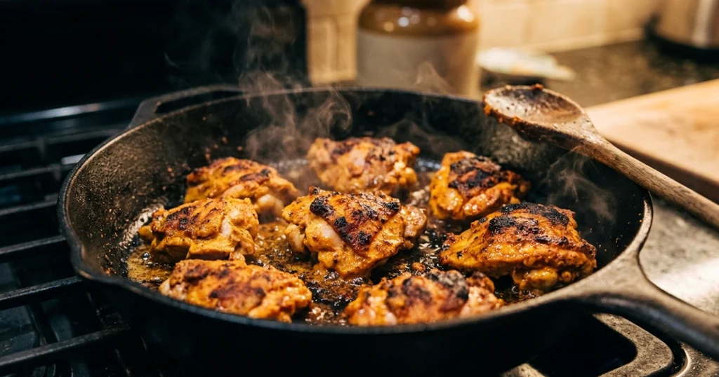 Yogurt-marinated chicken thighs searing in a cast-iron skillet with charred edges for butter chicken