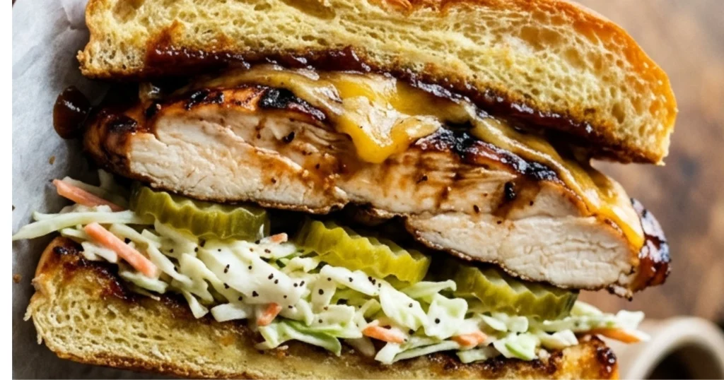 Assembled BBQ chicken sandwich with coleslaw, pickles, and melted cheese on a toasted brioche bun served on parchment paper