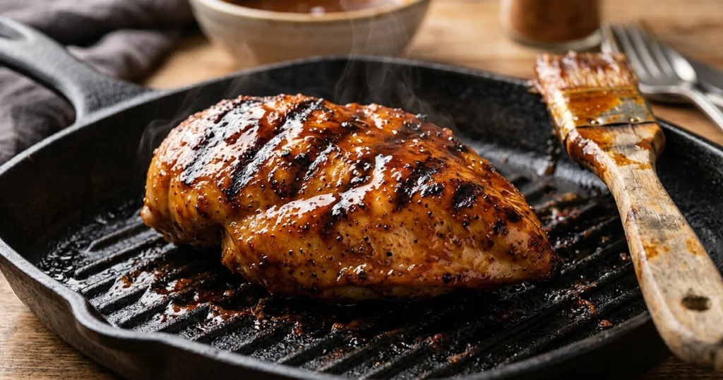 uicy grilled BBQ chicken breast with caramelized sauce resting on a cast iron grill pan with visible char marks