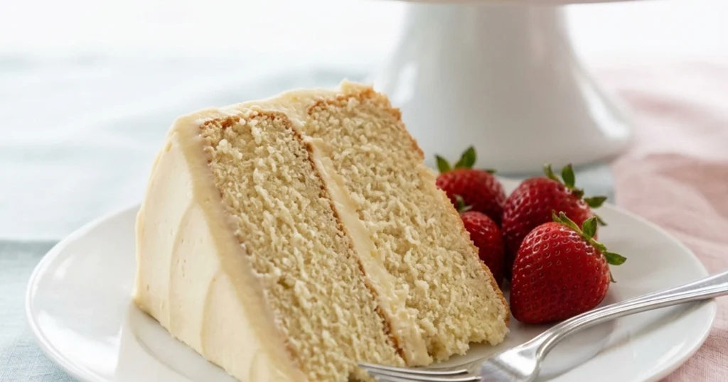 A slice of homemade birthday cake with vanilla buttercream and fresh strawberries on a plate