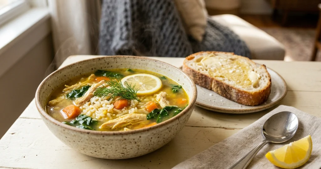 A warm bowl of soup for the soul with chicken, rice, spinach, and dill, served with buttered sourdough