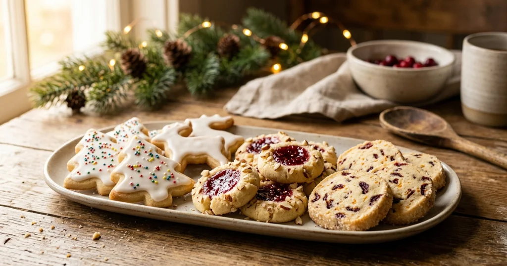 Assorted homemade Christmas cookies including decorated cutouts, jam thumbprints, and orange cranberry cookies