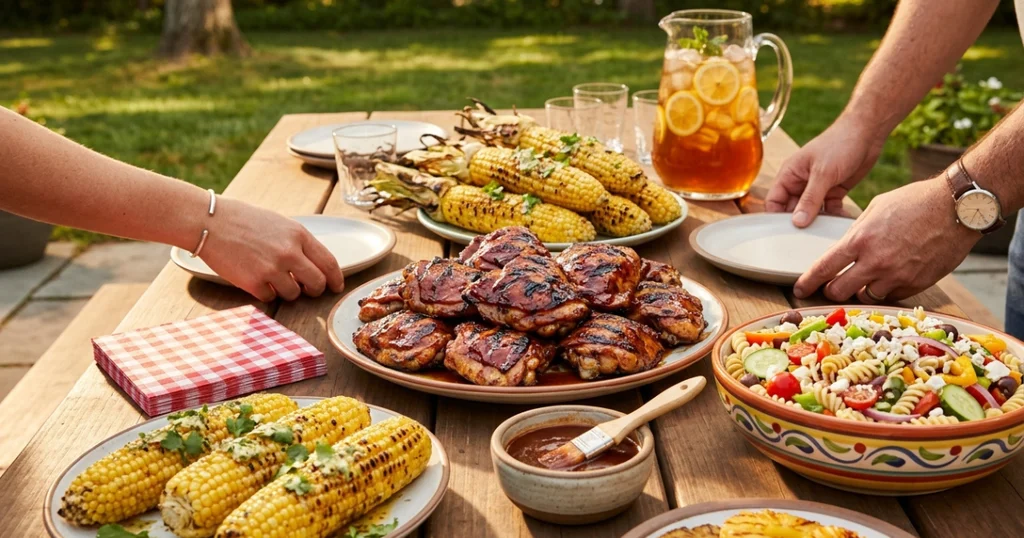 Backyard table with BBQ chicken, grilled corn, pasta salad, and pineapple, a full spread of bbq food ideas