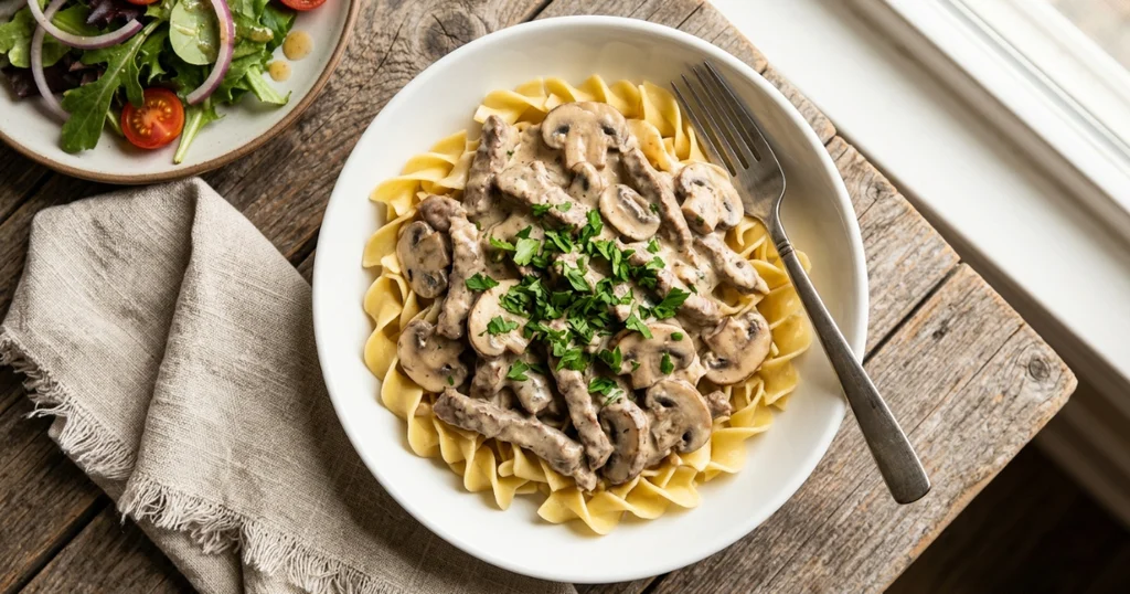Bowl of beef stroganoff served over egg noodles with parsley garnish