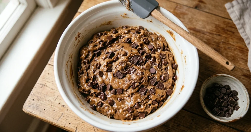 Bowl of chocolate chip cookie dough with chopped chocolate folded in, ready to chill