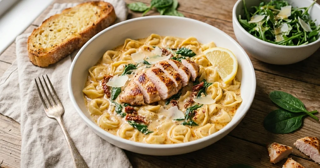 Bowl of creamy chicken tortellini with sliced chicken and Parmesan, served with arugula salad and garlic bread