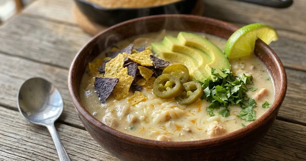 Bowl of white chicken chili topped with cheese, avocado, tortilla chips, and cilantro, served with cornbread