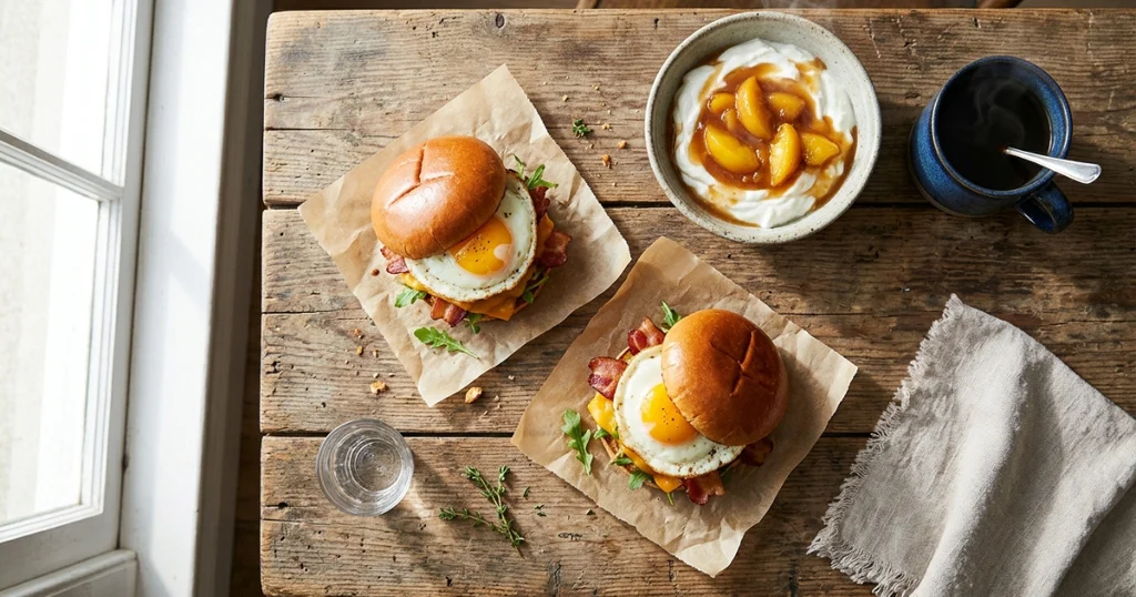 Breakfast sandwich served with peach yogurt and coffee as part of a brunch spread