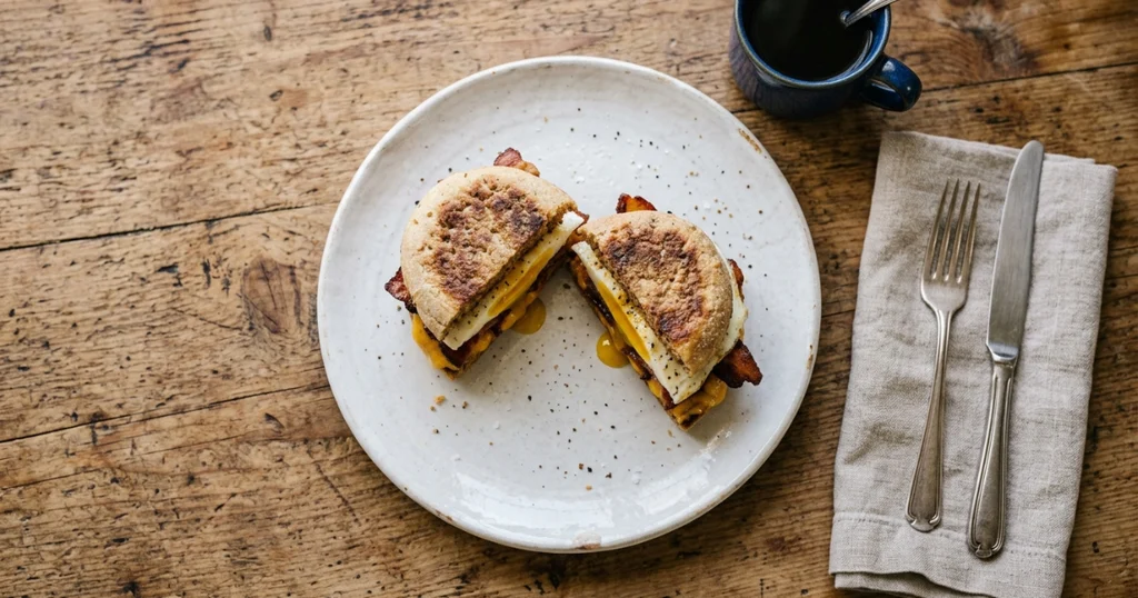 Breakfast sandwich with fried egg, melted cheddar, and crispy bacon on a toasted English muffin