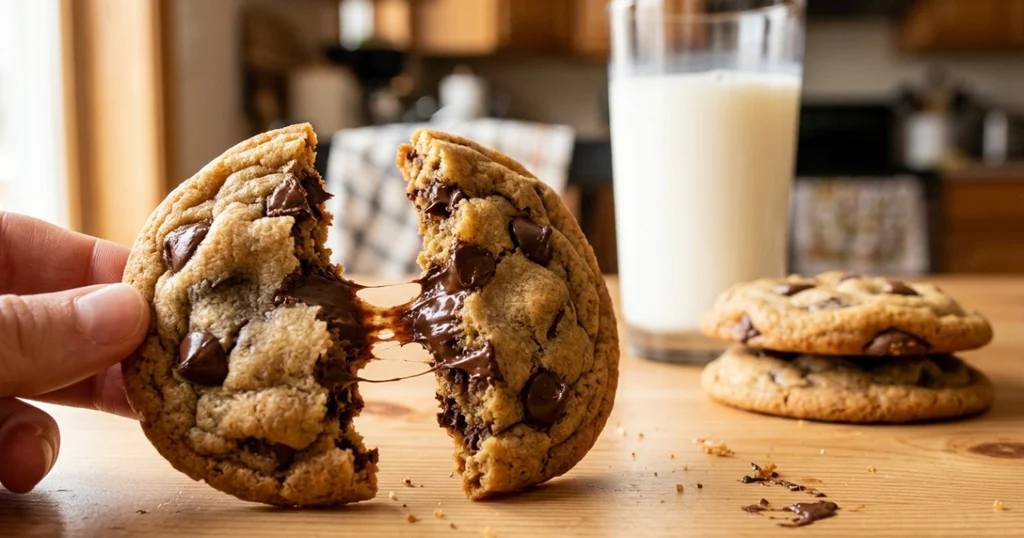 Broken chocolate chip cookie showing a soft gooey center, served with a glass of cold milk