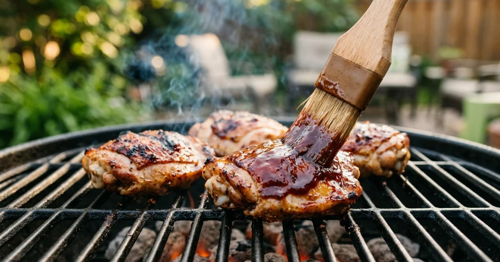 Brushing BBQ sauce onto chicken thighs on a charcoal grill during the final minutes of cooking