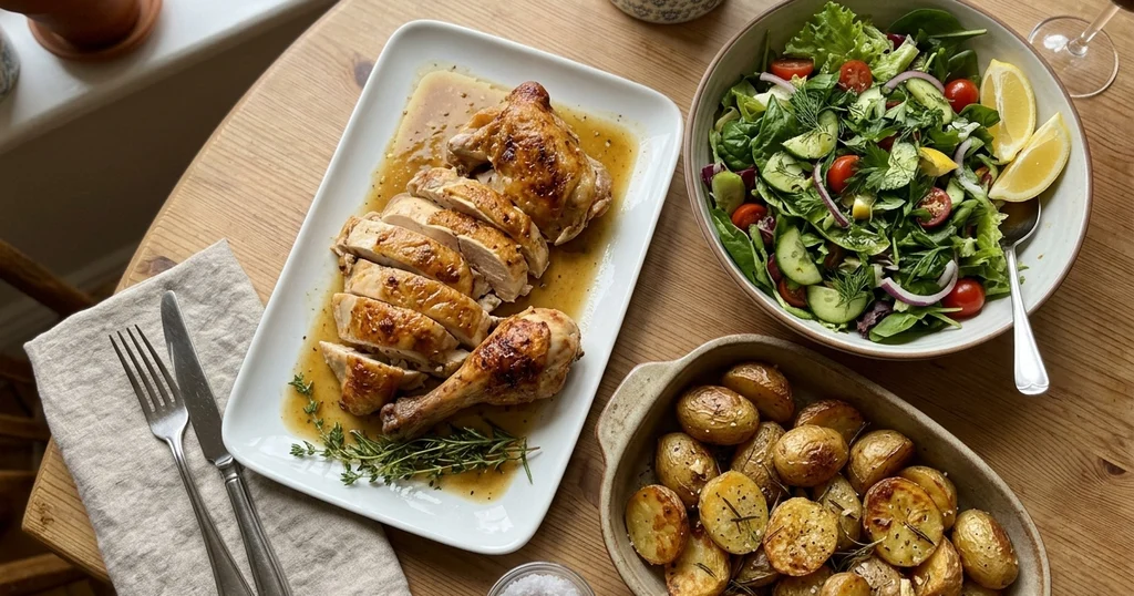 Carved rotisserie-style chicken with pan juices, roasted potatoes and a lemony green salad on a family dinner table