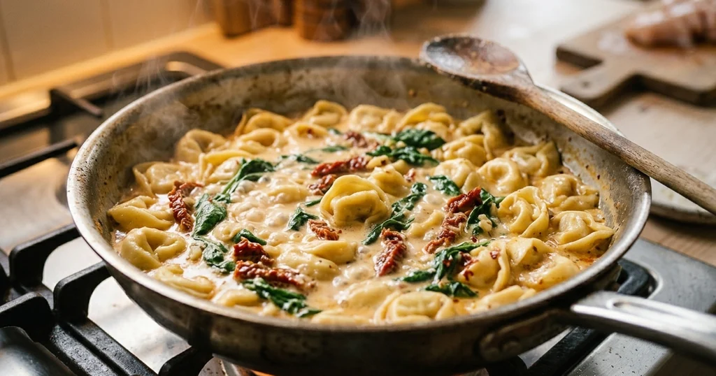 Cheese tortellini simmering with spinach and sun-dried tomatoes in a creamy sauce in a stainless steel skillet
