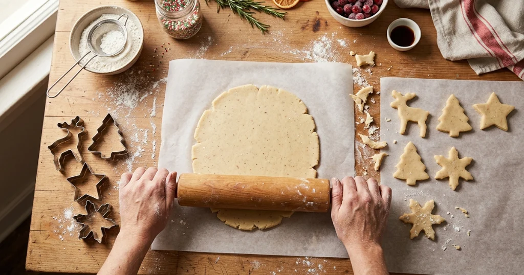 Christmas cookie dough rolled between parchment paper with festive cookie cutters