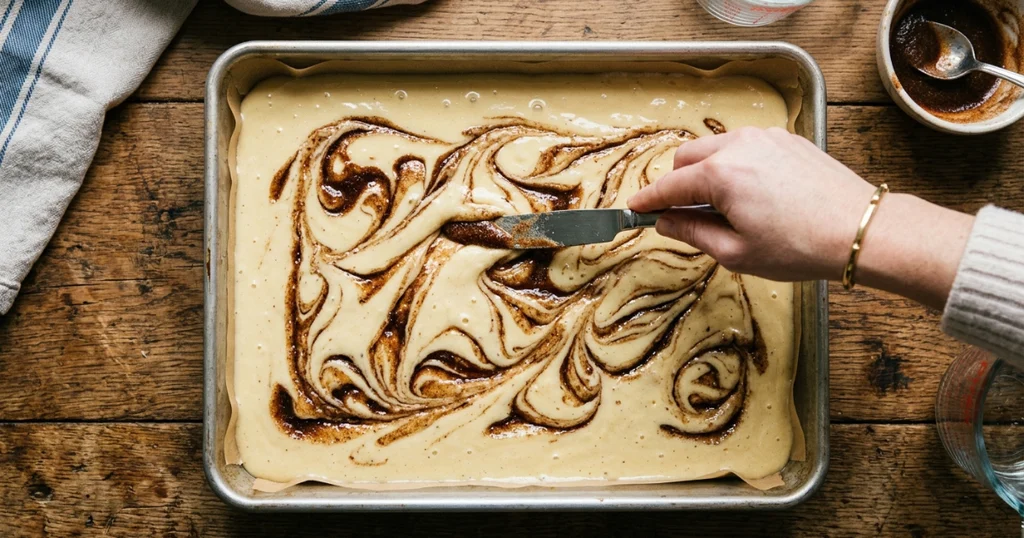 Cinnamon roll cake batter in a baking pan being swirled with cinnamon sugar filling