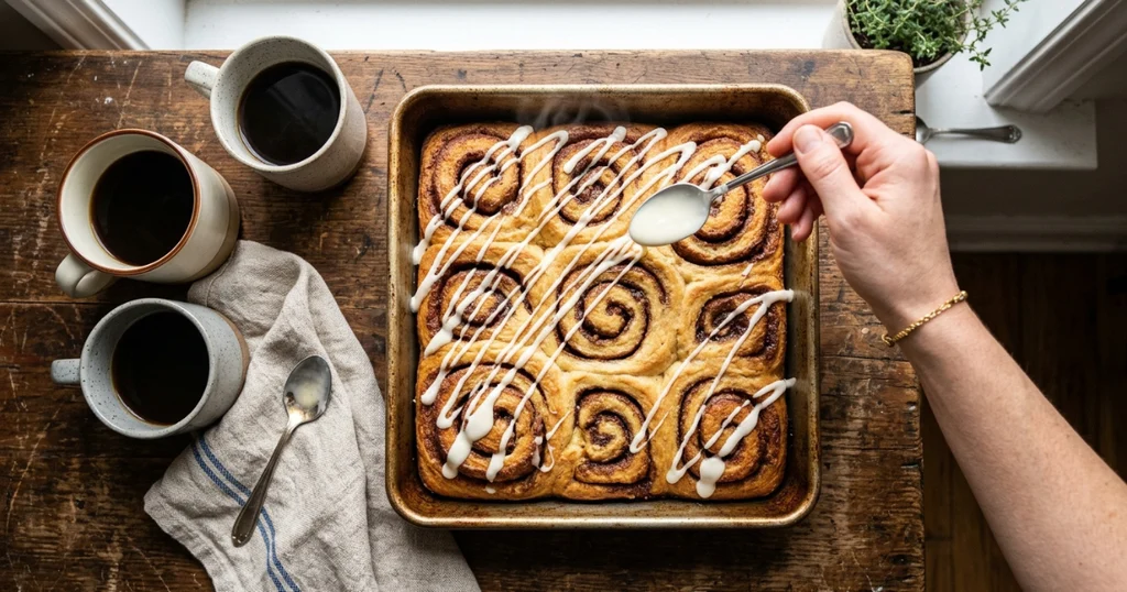 Cream cheese glaze being drizzled over a whole cinnamon roll cake before serving