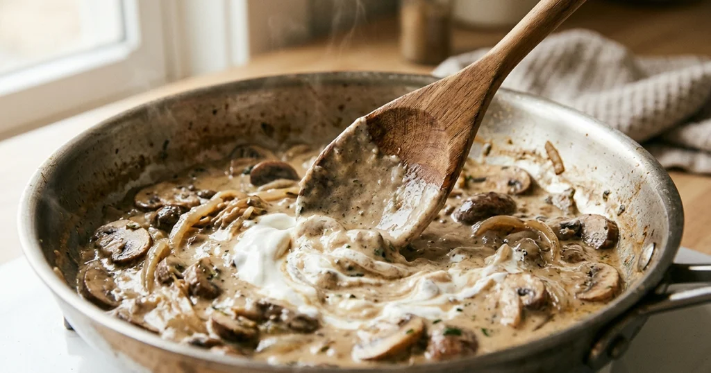 Creamy beef stroganoff sauce being stirred with sour cream and mushrooms
