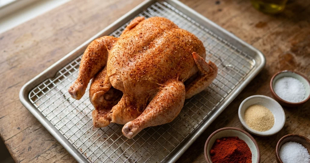 Dry-brined whole chicken coated in paprika rub, resting uncovered on a rack before roasting homemade rotisserie chicken