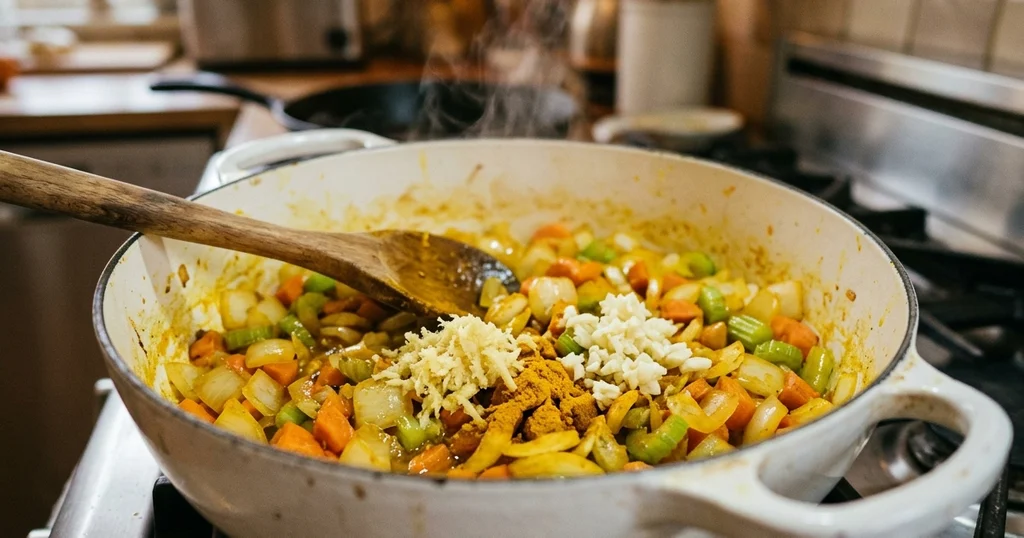 Dutch oven with sautéed onion, carrots, celery, ginger, and turmeric, the golden base for homemade chicken soup