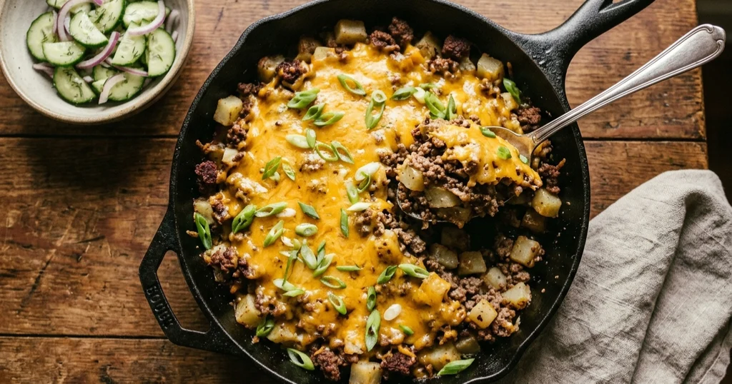 Finished ground beef and potato skillet topped with melted cheddar and scallions, served with cucumber salad